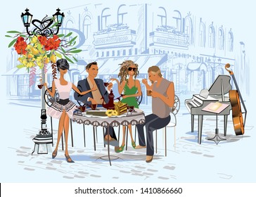 Series of colorful retro street views with fashion people in the old city. Hand drawn vector architectural background with historic buildings. Street musicians.