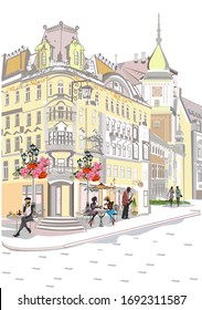 Series of colorful retro street views with fashion people in the old city. Hand drawn vector architectural background with historic buildings. Street musicians.