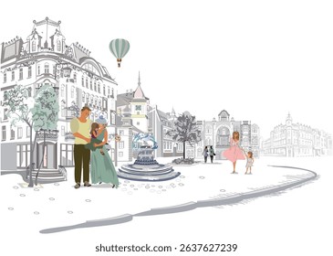 Series of colorful retro street views with fashion people in the old city. Hand drawn vector architectural background with historic buildings.