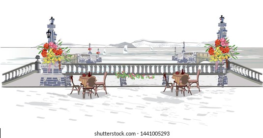 Series of colorful street views with cafe tables and flowers in the old city near the sea. Hand drawn vector  background with well grouped elements. 