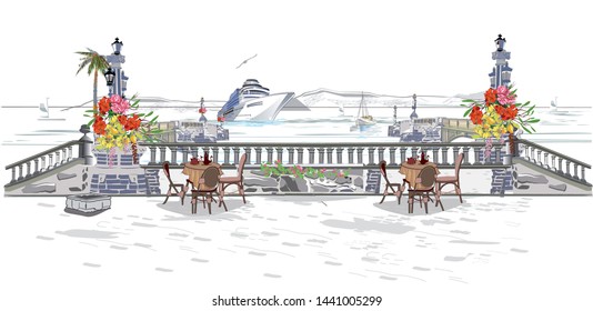 Series of colorful street views with cafe tables and flowers in the old city near the sea. Hand drawn vector  background with well grouped elements. 