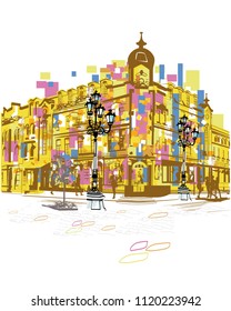 Series of colorful street views in the old city. Hand drawn vector architectural background with historic buildings.