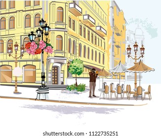 Series of colorful street views in the old city. Hand drawn vector architectural background with historic buildings.