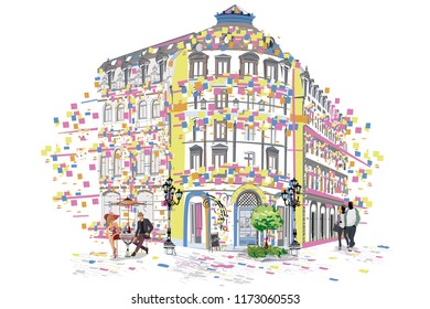 Series of colorful street views in the old city with people. Hand drawn vector architectural background with historic buildings.