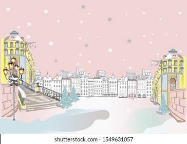 Series of colorful street views in the old city in winter. Hand drawn vector architectural background with historic buildings. Well grouped objects.