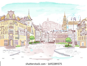 Series of colorful street views in the old city. Hand drawn vector architectural background with historic buildings.