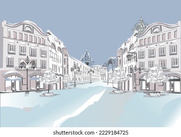 Series of colorful street views in the old city in winter. Hand drawn vector architectural background with historic buildings.