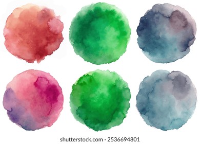 A series of colorful watercolor circles, each with a different hue. The circles are arranged in a row, with some overlapping and others standing alone. Scene is vibrant and lively
