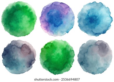 A series of colorful watercolor circles, each with a different shade of blue and green. The circles are arranged in a row, creating a visually appealing and harmonious display of colors