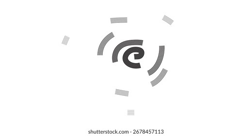 A series of concentric gray arcs create a swirling, circular design element with varying shades of gray.