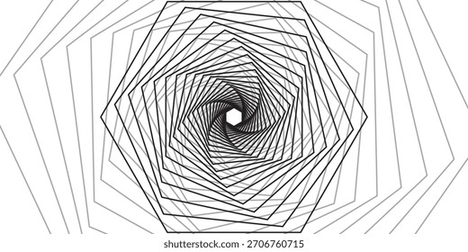 A series of concentric hexagons, creating a tunnel effect, with black lines on a white background, forming a geometric pattern.