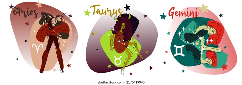 
A series of constellations of the SPRING zodiac signs. A girl in a modern style with colored spots and contour lines of the model's silhouette. Graphic PRINT