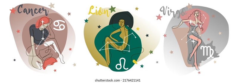 Una serie de constelaciones de los signos de SUMMER zodiaco. Una chica de estilo moderno con manchas de colores y líneas de contorno de la silueta de la modelo. Impresión gráfica