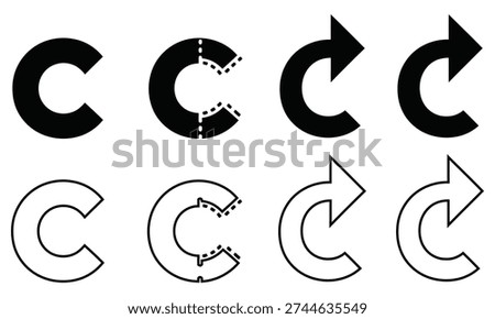 A series of C-shaped arrows transforming into a complete arrow, shown in both filled and silhouette styles.