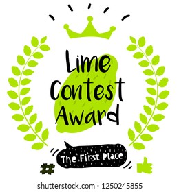 Series of Cute Funny Award Badges for Children's Contest. Interactive Pin or Badge in a Comic Cute Trendy Style with a Palm Branch Lime, Crown, Thumb up, Hash and Dialog Bubble. Lemonade Contest