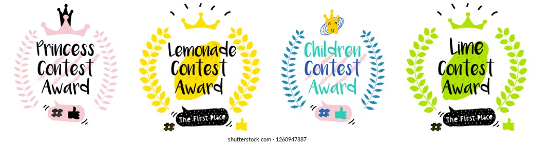 Series of Cute Funny Award Badges for Children's Contest. Interactive Pin or Princess Badge in a Comic Cute Trendy Style with a Palm Branch, Crown, Thumb up, Hash and Dialog Bubble.