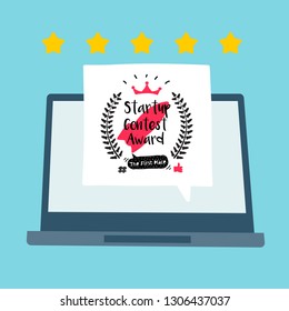 Series of Cute Funny Award Badges for Children's or Student Contest. Interactive Pin or Badge in a Comic Cute Trendy Style with a Palm Branch Rockets, Crown, Thumb up, Hash and Dialog Bubble
