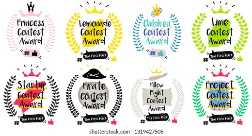 Series of Cute Funny Award Badges for Children's Contest. Interactive Pin or Princess Badge in a Comic Cute Trendy Style with a Palm Branch, Crown, Thumb up, Hash and Dialog Bubble.