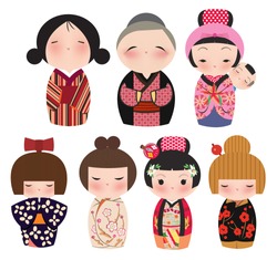 A Series Of Cute Japanese Kokeshi Characters.