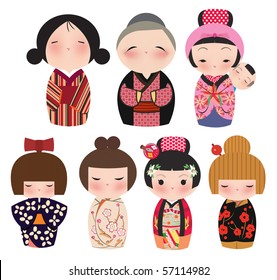 A series of cute japanese kokeshi characters.