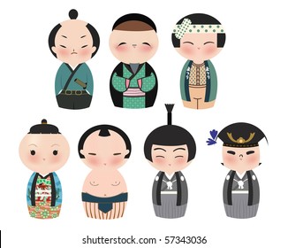 Una serie de adorables personajes kokeshi japoneses.