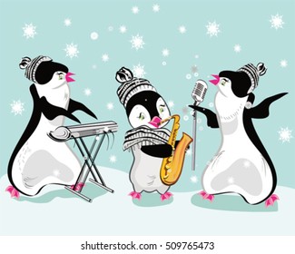 Series of cute penguins playing musical instruments. Christmas card.