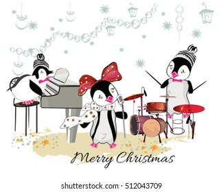 Series of cute penguins playing musical instruments. Christmas card.