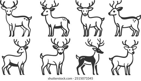 A series of deer with different antlers and different poses. The deer are all black and white