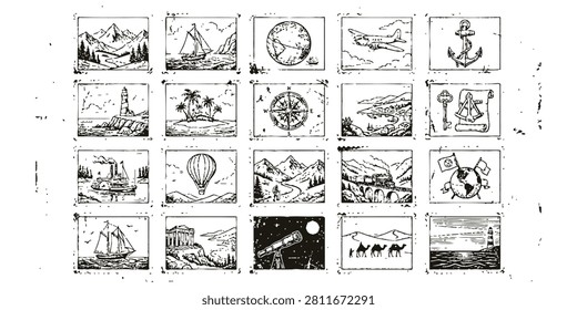 A series of detailed black and white illustrations depicting various travel and exploration themes