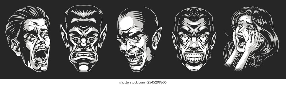 A series of detailed illustrations depict various faces displaying fear anger and horror highlighting intense emotions. The artwork showcases a dark and unsettling aesthetic.