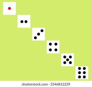 A series of diagonally arranged dice faces on a bright green background, featuring the numbers one to six. This vivid image highlights the randomness and chance associated with decision making or game