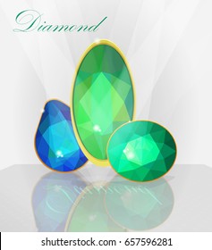 A series of diamonds with a reflection on a light background