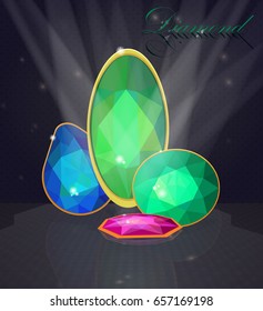 A series of diamonds with transparent rays on a dark background
