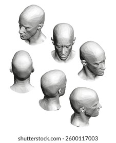 A series of different head shots of a man. The head shots are all in different positions and angles, but they all have the same basic shape and features. Scene is one of uniformity and consistency