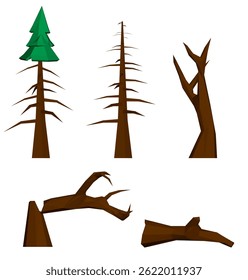 A series of different types of trees, including a green pine tree and a dead tree. The dead tree has a lot of branches and is almost completely brown. The other trees are also brown