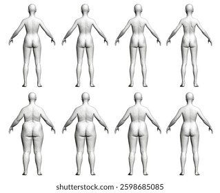 A series of different women's figures, each one with a different body type. The figures are all standing in a row. From slim to overweight. 3D. Back view