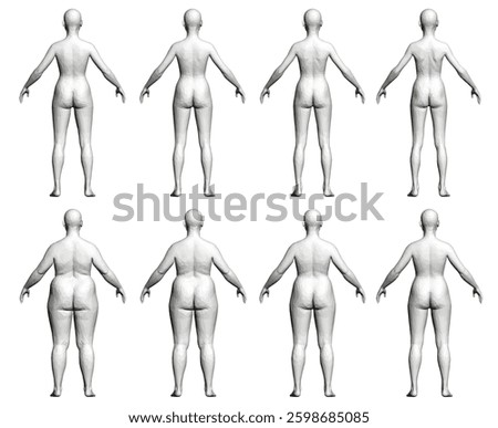 A series of different women's figures, each one with a different body type. The figures are all standing in a row. From slim to overweight. 3D. Back view