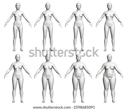 A series of different women's figures, each one with a different body type. The figures are all standing in a row. From slim to overweight. 3D. Front view