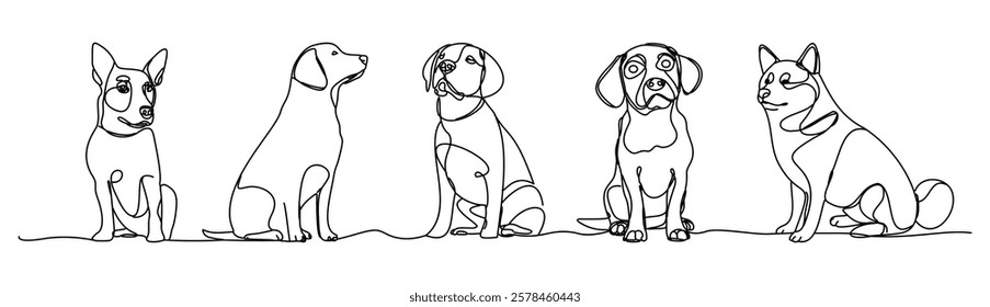 A series of dog drawings depicts companionship, care, and the place of pets in the family. Single line drawing. Isolated white background.