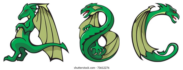 Series of dragons alphabet, letters ABC, fantasy dragon shape font, vector illustration