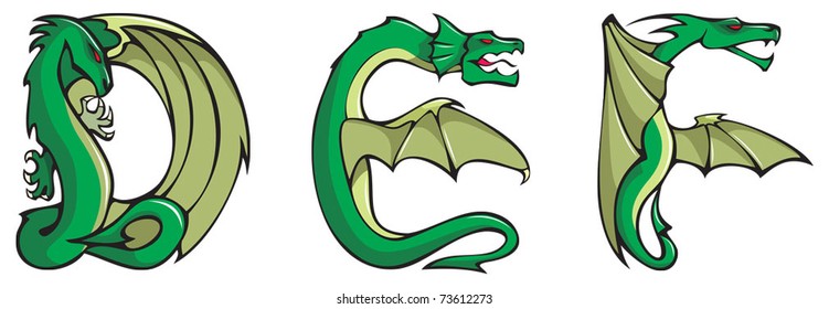 Series of dragons alphabet, letters DEF, fantasy dragon shape font, vector illustration