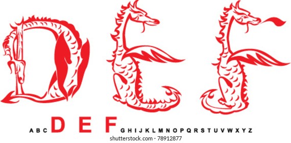 Series of dragons alphabet, letters DEF, fantasy dragon font