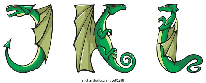 Series of dragons alphabet, letters J,K,L, fantasy dragon shape font, vector illustration