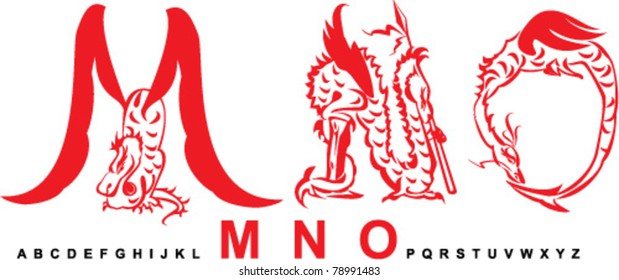 Series of dragons alphabet, letters MNO, fantasy dragon font