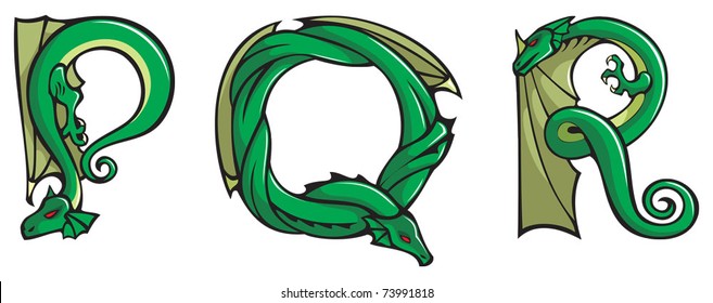 Series of Dragons alphabet, letters P,Q,R, fantasy dragon shape font, vector illustration