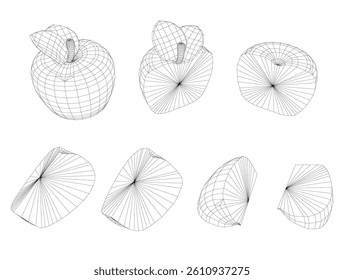 A series of drawings of Apple and vegetables in black and white. The drawings are all different shapes and sizes, but they all have a similar texture and feel