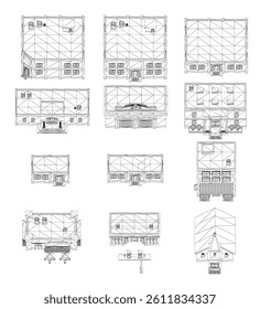 A series of drawings of buildings with a white background. The drawings are of different sizes and styles, but all have a similar theme of architecture