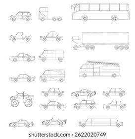 A series of drawings of different types of vehicles, including cars, trucks, and buses. The drawings are all in black and white and are labeled with the type of vehicle they represent