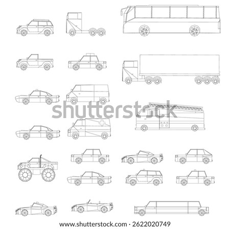 A series of drawings of different types of vehicles, including cars, trucks, and buses. The drawings are all in black and white and are labeled with the type of vehicle they represent