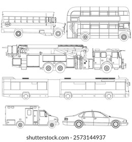 Series of drawings of different vehicles, including a bus, a fire truck, and a car. Side view